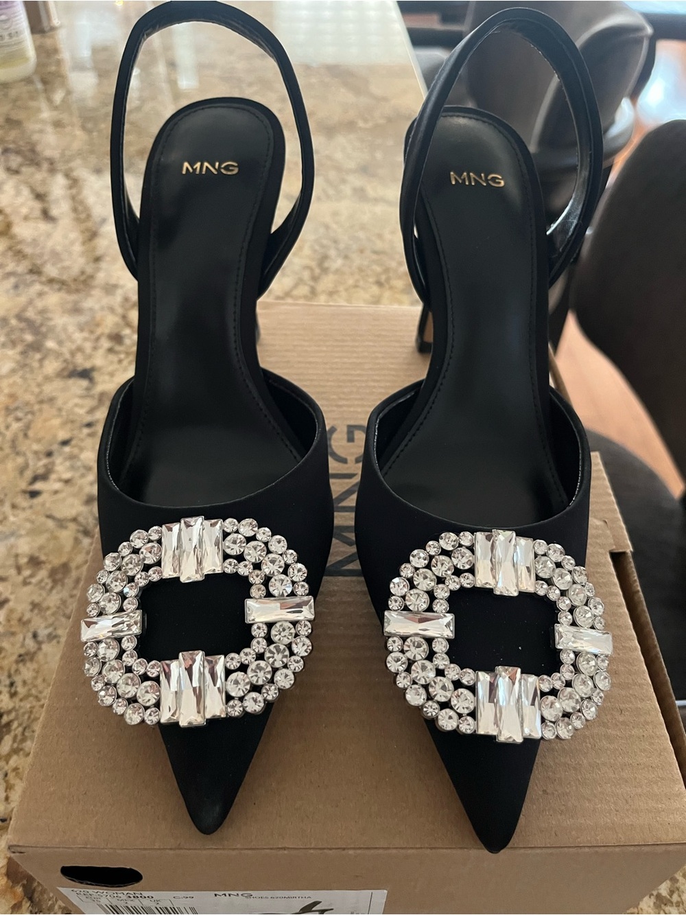 Mango Black Pointed-Toe Slingback Heels with Crystal Buckles